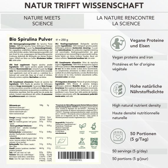 BIONUTRA® Bio Spirulina Pulver – 250 g, nach EU-ÖKO-Standard hergestellt, rückstandskontrolliert, ohne Zusätze, vegan, laktose- & glutenfrei, aus reinem Spirulina Bio Algenpulver