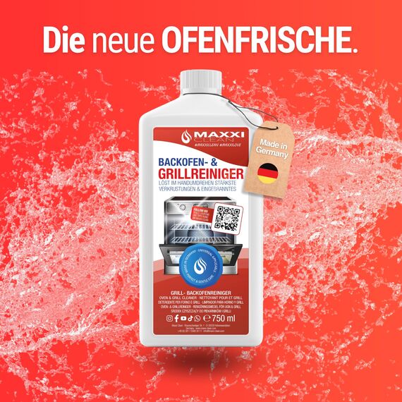 MAXXI CLEAN | Backofen & Grillreiniger - das Original | 1x 750 ml + 1x Pinsel | extra stark & selbstarbeitender Fettlöser | löst Verkrustungen auf Herdplatte, Ofen & Grill