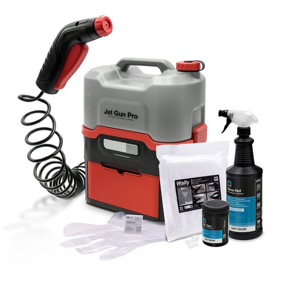 ERRECOM Komplettes Reinigungsset für Klimaanlagen: JET GUN PRO+ tragbarer Hochdruckreiniger, Clima-Net 1L Reiniger für Innen- Außengerät, A/C Tabs für Klimaanlagen, Wally Wandschutzhülle, Handschuhe