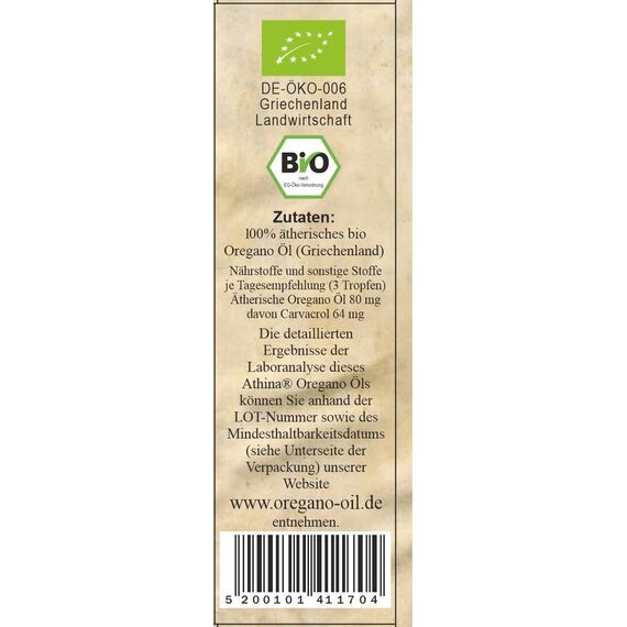 Athina® Oregano Öl Bio DE-ÖKO-006 I 1 x 10 ml ätherisches Oreganoöl I Origanum vulgare hirtum aus Nordgriechenland I 80% Carvacrol I Oreganoöl Bio Tropfen