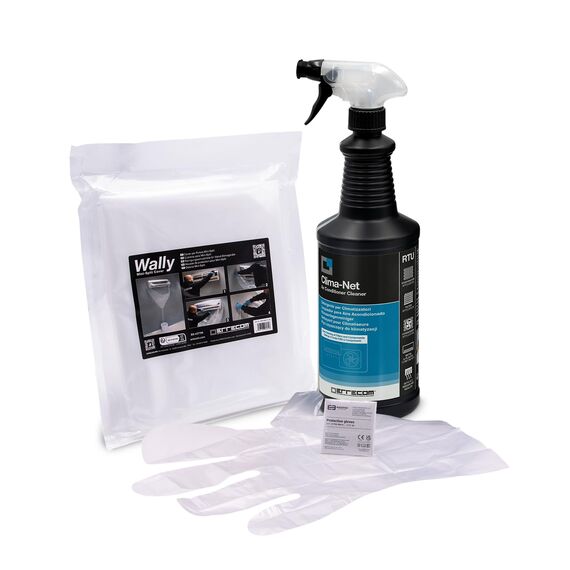 ERRECOM Kit zur Reinigung der Klimaanlage, enthält 1-L Clima-Net Reiniger für Klimaanlagen, Filter, Rippenwärmetauscher, Außengeräte, 1 Wally Schutzhülle für Reinigung von Splits und Verdampfern.