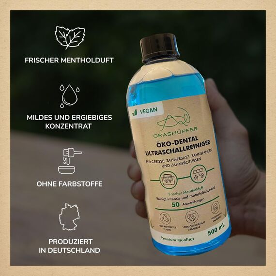 GRASHÜPFER® Öko Dental Ultraschallreiniger Konzentrat [FRISCHES MENTHOL] - Für Zahnersatz, Prothesen, Gebisse, Spangen, Schienen - Für Ultraschallreiniger und Ultraschallbad - 500 ml