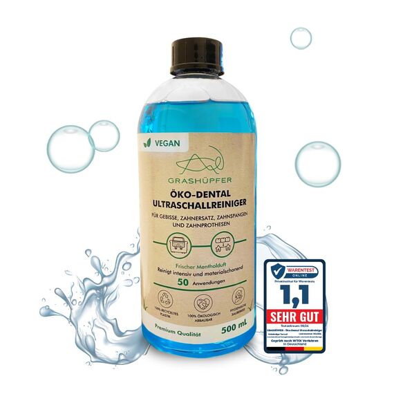 GRASHÜPFER® Öko Dental Ultraschallreiniger Konzentrat [FRISCHES MENTHOL] - Für Zahnersatz, Prothesen, Gebisse, Spangen, Schienen - Für Ultraschallreiniger und Ultraschallbad - 500 ml