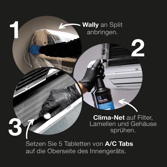 ERRECOM Klimaanlagen-Reinigungskit, enthält Clima-Net 1L Reiniger für Innengeräte und Filter, Wally Schutzhülle, A/C Tabs 40 lang wirkende Tabletten für Klimaanlage, inkl. Handschuhe