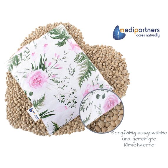 Medi Partners Kirschkernkissen Mikrowelle 20x25cm Körnerkissen groß Wärmekissen 500g Rechteck 100% Baumwolle Öko Natur Massagetherapie - Kirschkernkissen nacken schulter Kältetherapie (Rose Blumen)