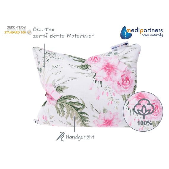 Medi Partners Kirschkernkissen Mikrowelle 20x25cm Körnerkissen groß Wärmekissen 500g Rechteck 100% Baumwolle Öko Natur Massagetherapie - Kirschkernkissen nacken schulter Kältetherapie (Rose Blumen)