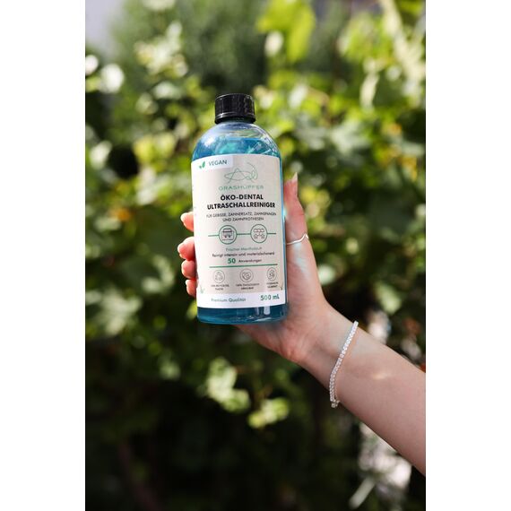 GRASHÜPFER® Öko Dental Ultraschallreiniger Konzentrat [FRISCHES MENTHOL] - Für Zahnersatz, Prothesen, Gebisse, Spangen, Schienen - Für Ultraschallreiniger und Ultraschallbad - 500 ml