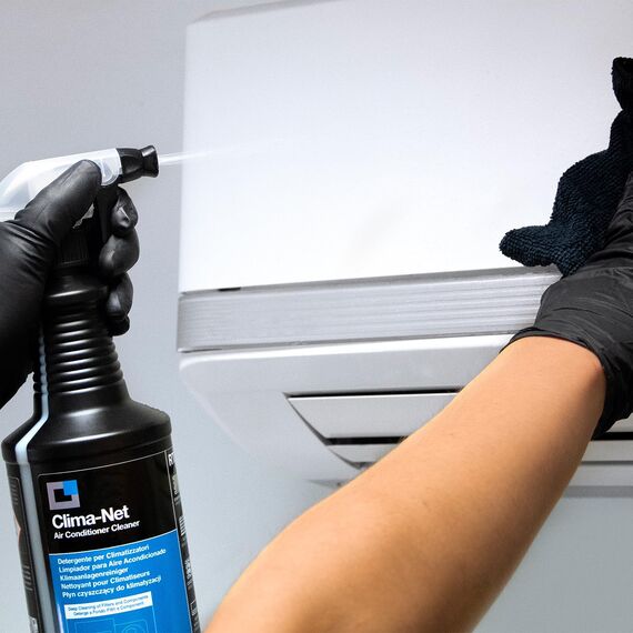 ERRECOM Komplettes Reinigungsset für Klimaanlagen: JET GUN PRO+ tragbarer Hochdruckreiniger, Clima-Net 1L Reiniger für Innen- Außengerät, A/C Tabs für Klimaanlagen, Wally Wandschutzhülle, Handschuhe