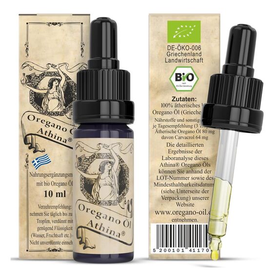 Athina® Oregano Öl Bio DE-ÖKO-006 I 1 x 10 ml ätherisches Oreganoöl I Origanum vulgare hirtum aus Nordgriechenland I 80% Carvacrol I Oreganoöl Bio Tropfen