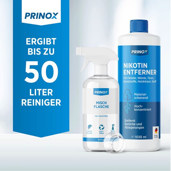 PRINOX 1030ml Nikotinentferner Konzentrat | Ruß & Nikotin Reiniger für Fensterrahmen, Wände, Türen, Heizkörper, Kunststoff, Fliesen | Starker Fettlöser für Haushalt und Gastronomie