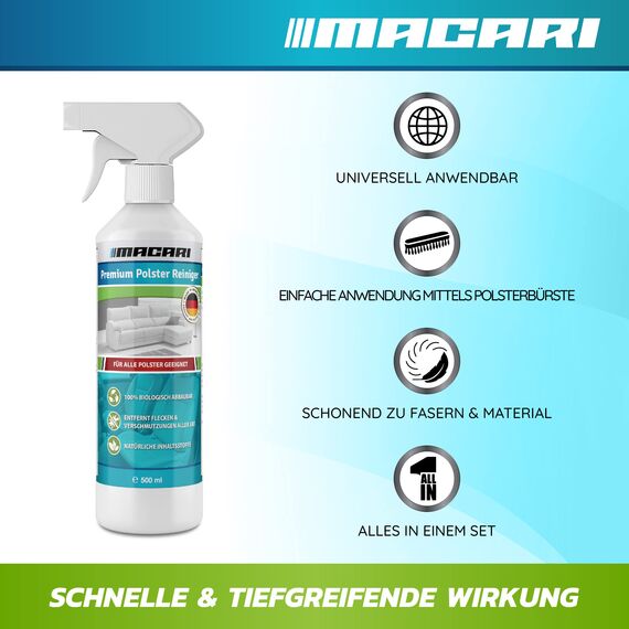 Macari 500 ml Premium Polsterreiniger Sofa & Auto. Nachhaltiger Sofa Reiniger, Couch, Matratzen, Teppich, Autositz und Textilreiniger inkl. Polsterbürste Alles in einem Set Made in Germany.