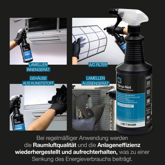 ERRECOM Komplettes Reinigungsset für Klimaanlagen: JET GUN PRO+ tragbarer Hochdruckreiniger, Clima-Net 1L Reiniger für Innen- Außengerät, A/C Tabs für Klimaanlagen, Wally Wandschutzhülle, Handschuhe