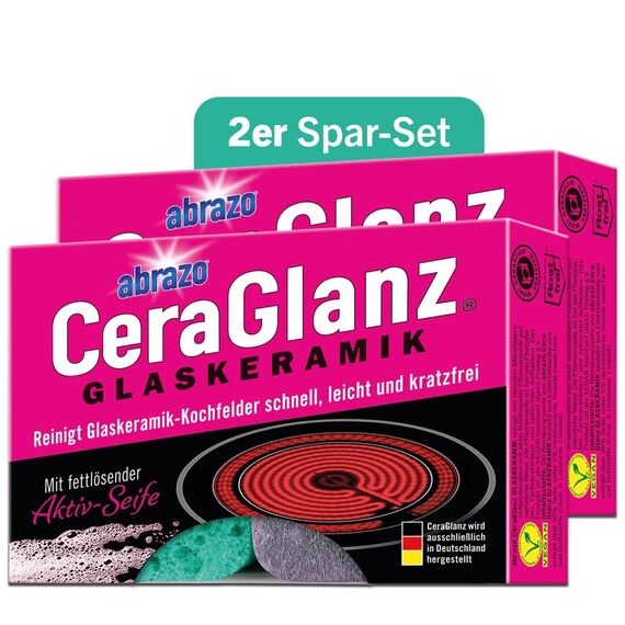 abrazo CeraGlanz Glaskeramik - 4 Glaskeramikfeldreiniger 2x2 Stk. - antibak. Glaskeramik Reiniger, Keramikfeld Reiniger, Herdreiniger, Herd kratzfrei reinigen