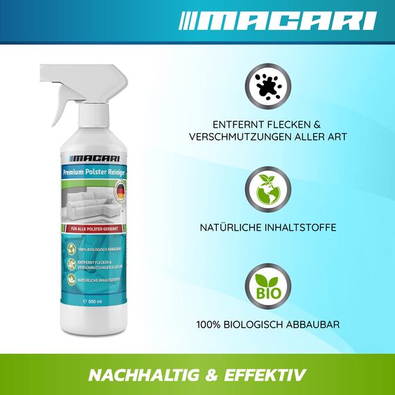 Macari 500 ml Premium Polsterreiniger Sofa & Auto. Nachhaltiger Sofa Reiniger, Couch, Matratzen, Teppich, Autositz und Textilreiniger inkl. Polsterbürste Alles in einem Set Made in Germany.