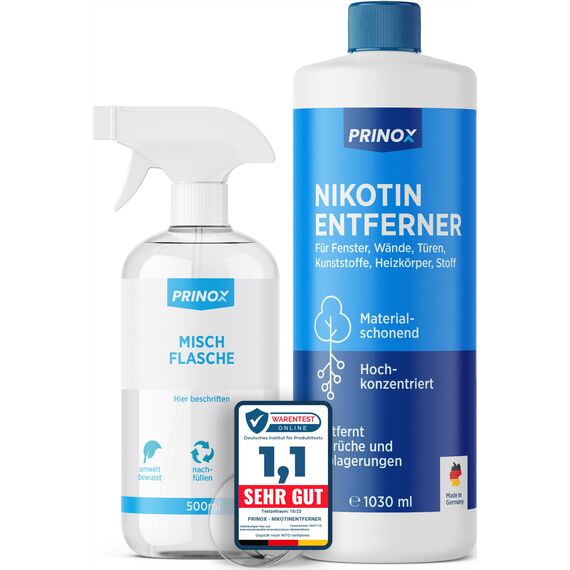 PRINOX 1030ml Nikotinentferner Konzentrat | Ruß & Nikotin Reiniger für Fensterrahmen, Wände, Türen, Heizkörper, Kunststoff, Fliesen | Starker Fettlöser für Haushalt und Gastronomie
