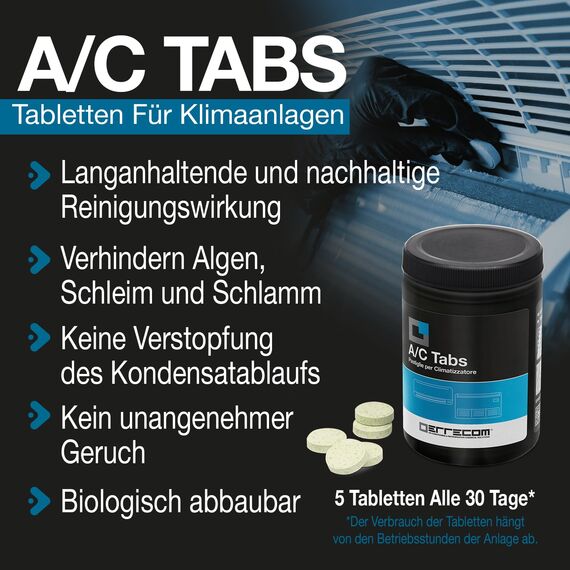 ERRECOM - A/C Tabs, Tabletten für Klimaanlage, verhindern die Bildung von Algen, Schleim, Schlamm und Gerüche in Klimaanlage und Kondensatablauf, langanhaltende Wirkung, 40 Tabletten à 8g