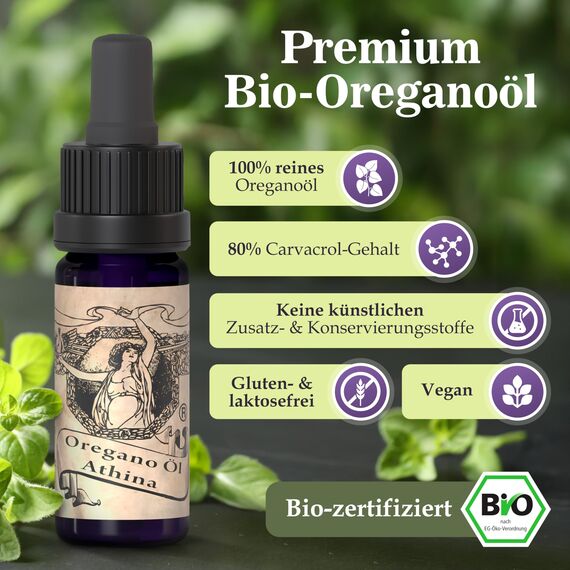 Athina® Oregano Öl Bio DE-ÖKO-006 I 1 x 10 ml ätherisches Oreganoöl I Origanum vulgare hirtum aus Nordgriechenland I 80% Carvacrol I Oreganoöl Bio Tropfen