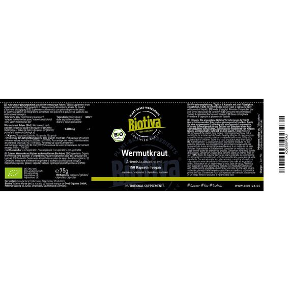Biotiva Wermutkraut Kapseln Bio 150 Stück - 400mg - Wermut - Garantiert ohne Zusatzstoffe - Abgefüllt und kontrolliert in Deutschland (DE-ÖKO-005)