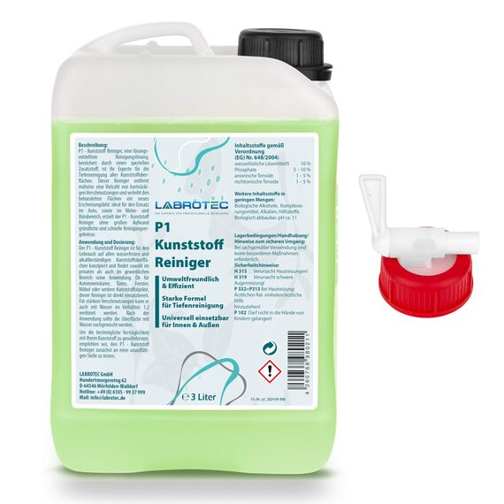 LABROTEC® P1 Kunststoffreiniger 3L mit Dosierhahn – Effektiver Reiniger für Fensterrahmen, Autos, Sneaker, Böden, Rolladen, Jalousien und Gartenmöbel. Gegen starke Verschmutzungen (3 Liter)