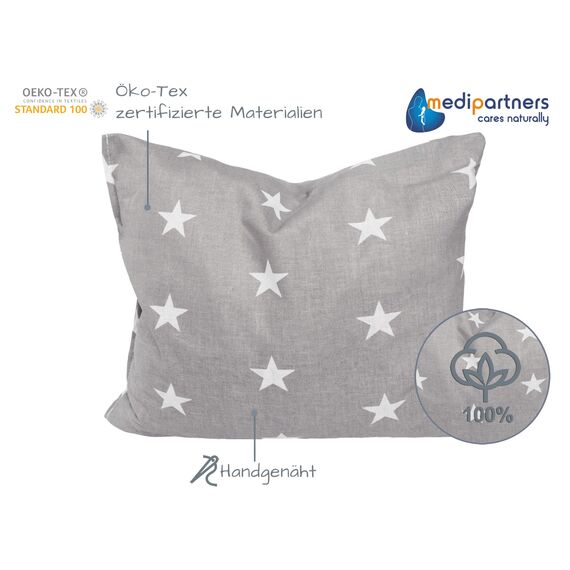 Medi Partners Kirschkernkissen Körnerkissen groß Wärmekissen 500g Rechteck 20x25cm Öko Natur 100% Baumwolle Wärme + Kältetherapie Massagetherapie (Weiße Sterne mit Graue)