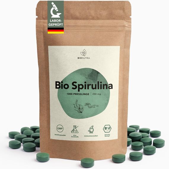 BIONUTRA® Bio Spirulina Tabletten – 1000 Presslinge à 250 mg, nach EU-ÖKO-Standard hergestellt, rückstandskontrolliert, ohne Zusätze, vegan, laktose- & glutenfrei, aus reinem Spirulina Bio Algenpulver