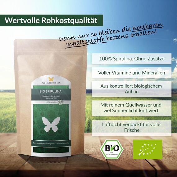 500g BIO Spirulina Pulver, 100% natürlich, rückstandskontrolliert, nach EU-ÖKO-Standard kultiviert und hergestellt, Rohkostqualität, ohne Zusätze (500g)