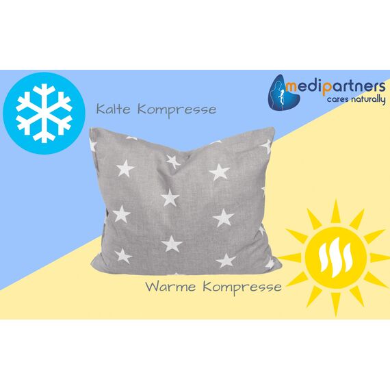 Medi Partners Kirschkernkissen Körnerkissen groß Wärmekissen 500g Rechteck 20x25cm Öko Natur 100% Baumwolle Wärme + Kältetherapie Massagetherapie (Weiße Sterne mit Graue)