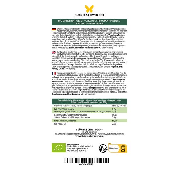 500g BIO Spirulina Pulver, 100% natürlich, rückstandskontrolliert, nach EU-ÖKO-Standard kultiviert und hergestellt, Rohkostqualität, ohne Zusätze (500g)