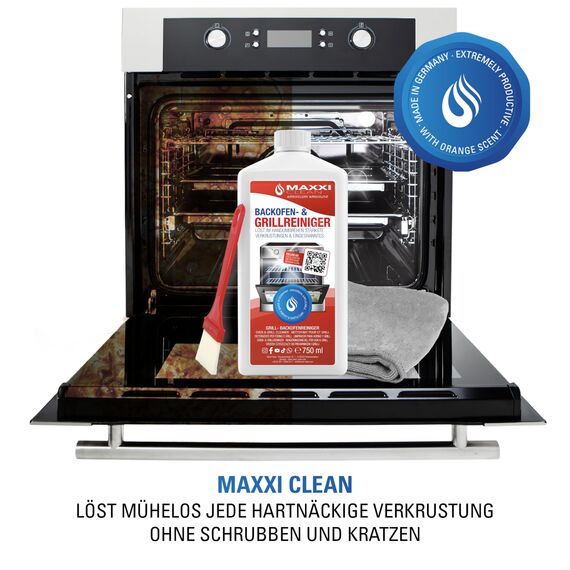 MAXXI CLEAN| Backofen,- und Grillreiniger Kombiset | 1x 750 ml Gel, 1x Pinsel und 1x Microfasertuch | selbstarbeitender Reiniger und Fettlöser | für Herdplatte & Grill | löst Verkrustungen