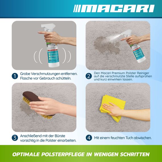 Macari 500 ml Premium Polsterreiniger Sofa & Auto. Nachhaltiger Sofa Reiniger, Couch, Matratzen, Teppich, Autositz und Textilreiniger inkl. Polsterbürste Alles in einem Set Made in Germany.