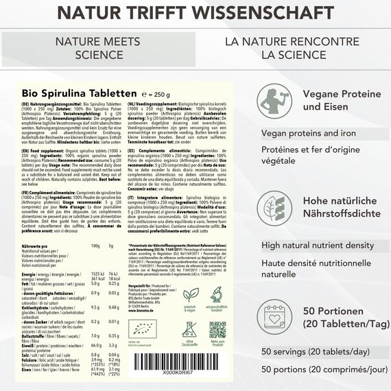 BIONUTRA® Bio Spirulina Tabletten – 1000 Presslinge à 250 mg, nach EU-ÖKO-Standard hergestellt, rückstandskontrolliert, ohne Zusätze, vegan, laktose- & glutenfrei, aus reinem Spirulina Bio Algenpulver