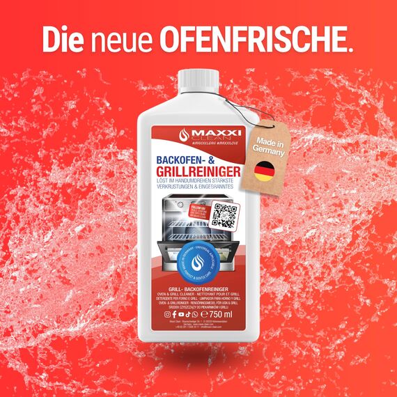 MAXXI CLEAN| Backofen,- und Grillreiniger Kombiset | 1x 750 ml Gel, 1x Pinsel und 1x Microfasertuch | selbstarbeitender Reiniger und Fettlöser | für Herdplatte & Grill | löst Verkrustungen