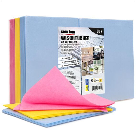 com-four® 60x Haushaltstücher - extrem saugfähige und strapazierbare Reinigungstücher aus Viskose - Allzweck-Wischtücher in 3 Farben - Wiederverwendbare Putztücher (30x38-60 Stück - 3 Farben)
