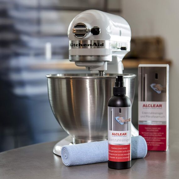 ALCLEAR 721ER Edelstahlreiniger Set + Mikrofasertuch - Reiniger für Edelstahlflächen, streifenfrei fettlösend für Küche, Kühlschrankfront, Dunstabzug & mehr – Reinigung ohne Politur – Made in Germany