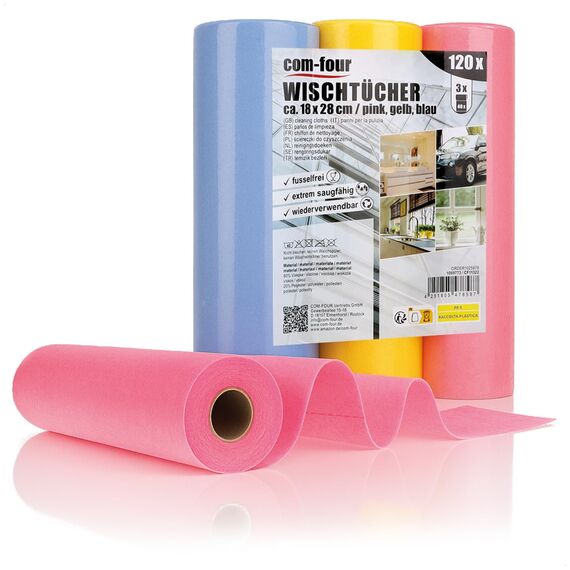 com-four® 120x Haushaltstücher auf Rollen in 3 Farben - extrem saugfähige und strapazierbare Reinigungstücher aus Viskose - Wiederverwendbare Allzweck-Wischtücher (18x28-120 Stück - Rolle)