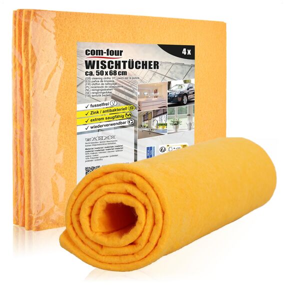 com-four® 4X Profi-Wischtuch - extrem saugstarkes Reinigungstuch - Auto Putztücher - Wiederverwendbare Lappen - waschbar, fusselfrei, antibakteriell - saugfähiges Putztuch (50x68-4 Stück - orange)