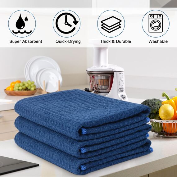 VIVOTE 3er-Pack Microfaser Geschirrtücher, Waffelgewebe Küchenhandtücher, Super saugfähige Trocknungstücher 40 cm x 56 cm Dunkel Blau