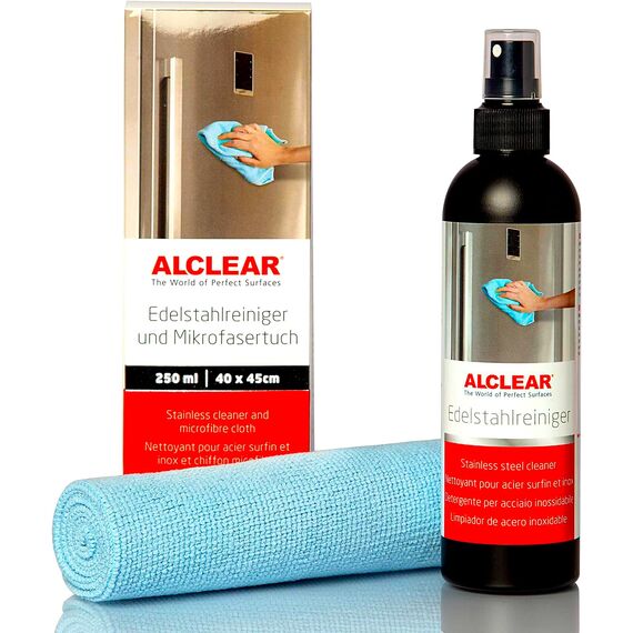 ALCLEAR 721ER Edelstahlreiniger Set + Mikrofasertuch - Reiniger für Edelstahlflächen, streifenfrei fettlösend für Küche, Kühlschrankfront, Dunstabzug & mehr – Reinigung ohne Politur – Made in Germany