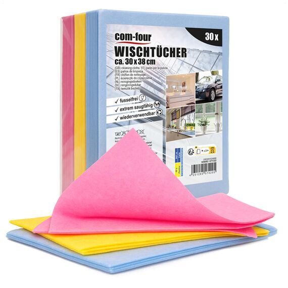 com-four® 30x Haushaltstücher - extrem saugfähige und strapazierbare Reinigungstücher aus Viskose - Allzweck-Wischtücher in 3 Farben - Wiederverwendbare Putztücher (30x38-30 Stück - 3 Farben)