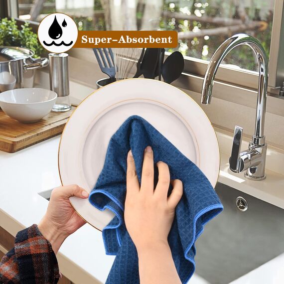 VIVOTE 3er-Pack Microfaser Geschirrtücher, Waffelgewebe Küchenhandtücher, Super saugfähige Trocknungstücher 40 cm x 56 cm Dunkel Blau