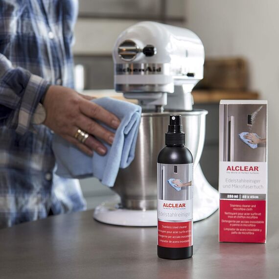 ALCLEAR 721ER Edelstahlreiniger Set + Mikrofasertuch - Reiniger für Edelstahlflächen, streifenfrei fettlösend für Küche, Kühlschrankfront, Dunstabzug & mehr – Reinigung ohne Politur – Made in Germany