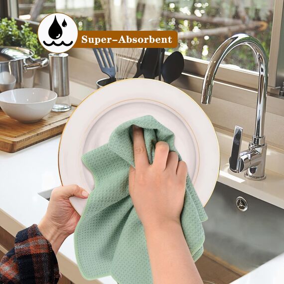 VIVOTE Microfaser Geschirrtücher Grün Dicke Küchentücher Waffelgewebe Handtuch Super Saugfähig Geschirrhandtücher Fusselfrei, 40 cm x 56 cm, 3er Pack
