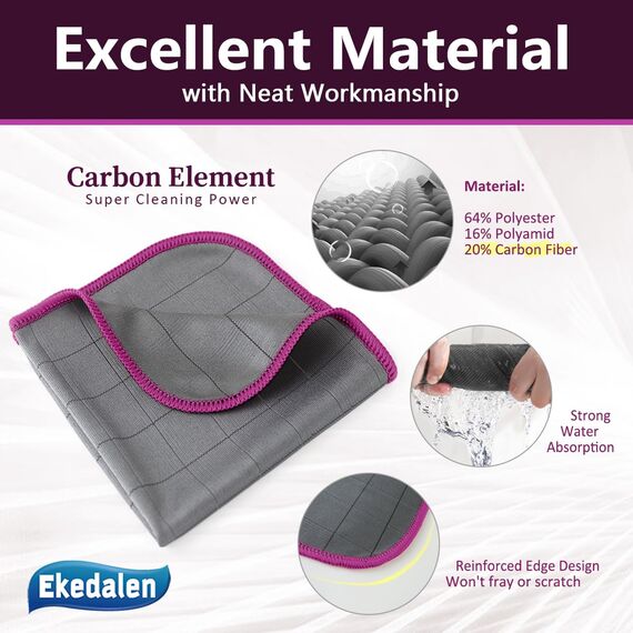 Ekedalen 6X Fensterputztücher Carbon Tücher, Reinigungstücher für Kristallklare & Streifenfreie Scheiben, Mikrofaser Putztücher, Fusselfreies Poliertuch, 30x30 cm Glastücher, Lila