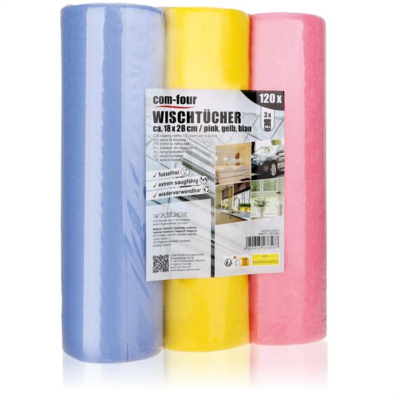 com-four® 120x Haushaltstücher auf Rollen in 3 Farben - extrem saugfähige und strapazierbare Reinigungstücher aus Viskose - Wiederverwendbare Allzweck-Wischtücher (18x28-120 Stück - Rolle)