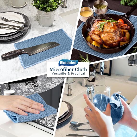 Ekedalen 6X Spültücher Spüllappen Waschbar, Barista Tücher Waffeltücher, Mikrofaser Abwaschlappen Küche, Putzlappen Bad Lappen zum Putzen, Microfasertücher 30x30cm, Blau