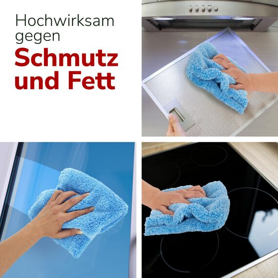 ALCLEAR 820203K_3 Mikrofasertücher 3er Set 40x40 cm – für Hochglanzküche, Möbelfronten, Lack, Kunststoff, Glas, fusselfrei, streifenfrei, ultraschallgeschnitten, nebelfeucht nutzbar, waschbar 60° C