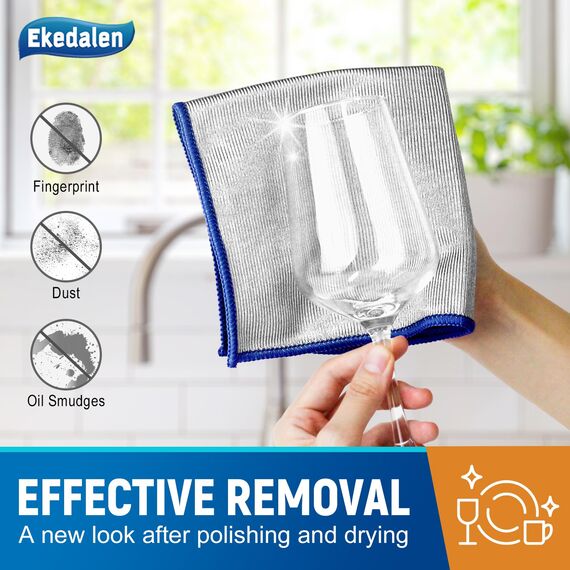 Ekedalen 6X Glastücher Mikrofaser Poliertücher Gläser Gastronomie, Glaspoliertücher Fenstertuch Streifenfrei, Mikrofasertücher Putztücher Reinigungstuch für Auto, Fenster, Spiegel, Bad, 30x30cm, Blau