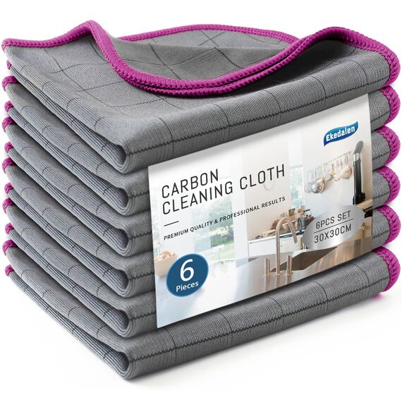 Ekedalen 6X Fensterputztücher Carbon Tücher, Reinigungstücher für Kristallklare & Streifenfreie Scheiben, Mikrofaser Putztücher, Fusselfreies Poliertuch, 30x30 cm Glastücher, Lila