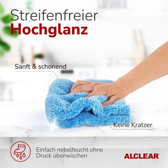 ALCLEAR 820203K_3 Mikrofasertücher 3er Set 40x40 cm – für Hochglanzküche, Möbelfronten, Lack, Kunststoff, Glas, fusselfrei, streifenfrei, ultraschallgeschnitten, nebelfeucht nutzbar, waschbar 60° C