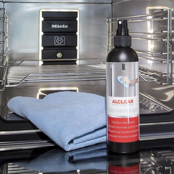 ALCLEAR 721ER Edelstahlreiniger Set + Mikrofasertuch - Reiniger für Edelstahlflächen, streifenfrei fettlösend für Küche, Kühlschrankfront, Dunstabzug & mehr – Reinigung ohne Politur – Made in Germany